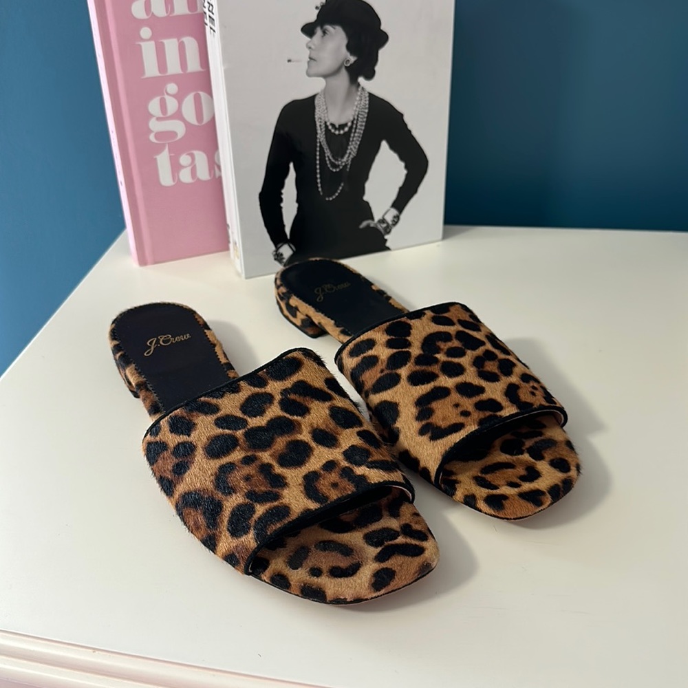 Faux horsehair slides in cheetah print by J Crew.